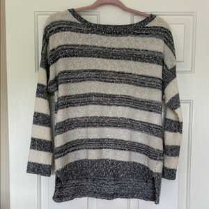 LOFT Gray and Cream Crew Neck Sweater with Stripes